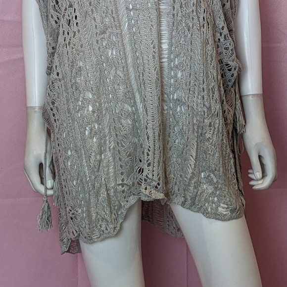 Light Gray Crochet Knit Drawstring Sides V Neck Swim Beach Cover Up One Size - Picture 3 of 6
